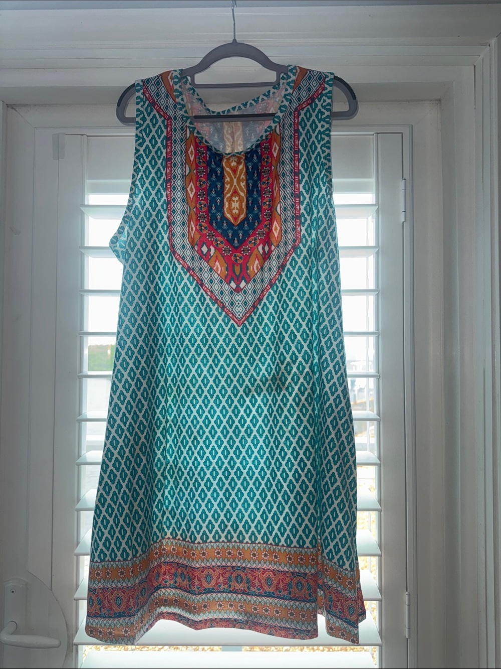 Sleeveless Teal Print Boho Dress with Multicolor Embellished Yoke 2xl